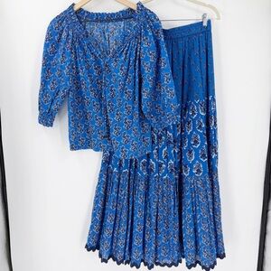 Ro's Garden Cotton Maxi Skirt & Blouse Set M Inida Garden Floral Tiered Peasant
